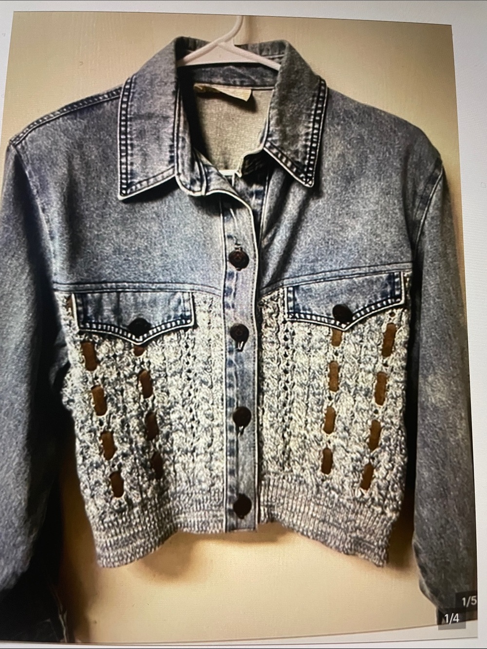 Womens Vintage-Inspired Gray Denim Jacket with Knit Insets